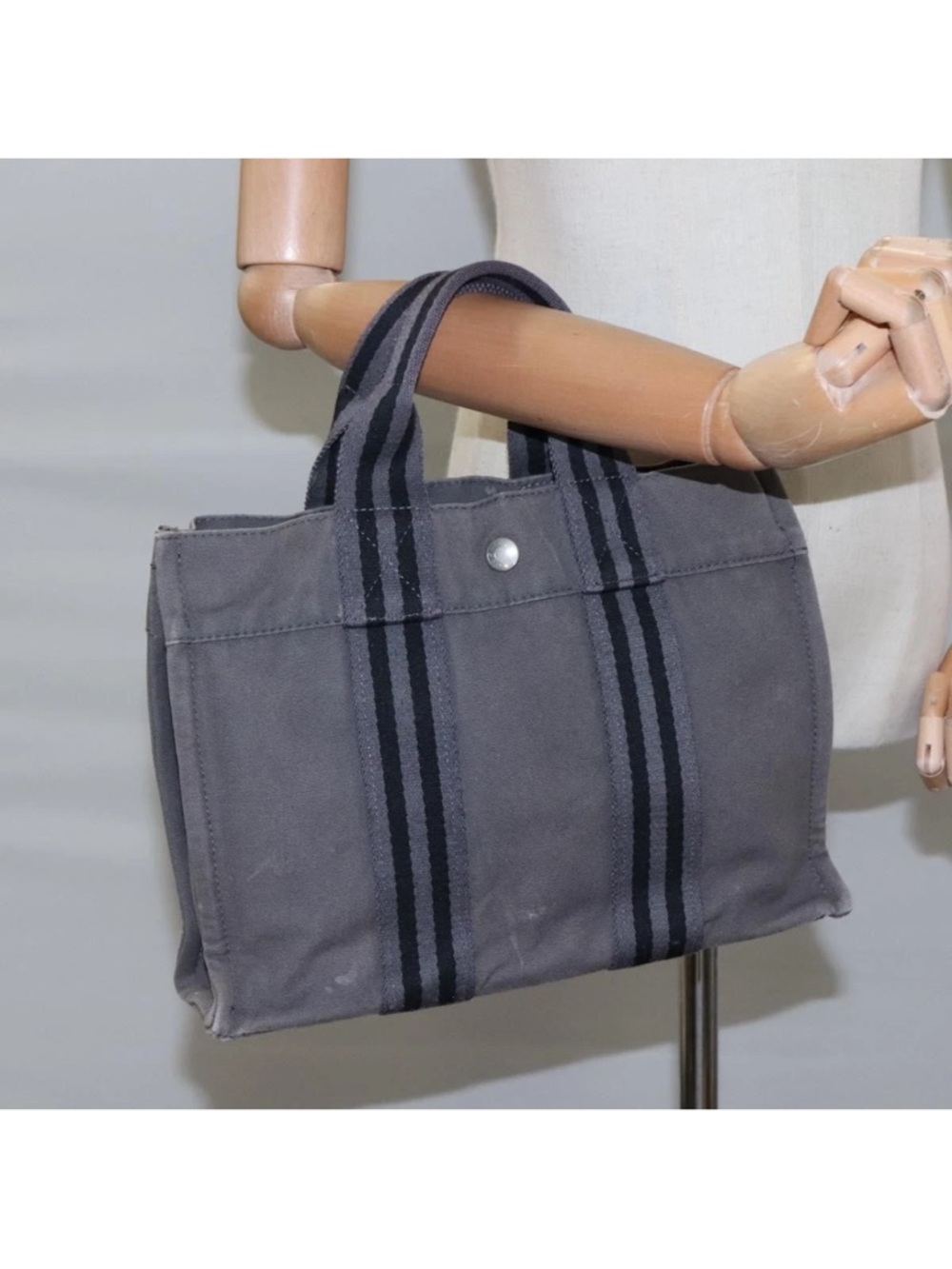 Hermes  Canvas Tote Bag in Gray with Black Straps
